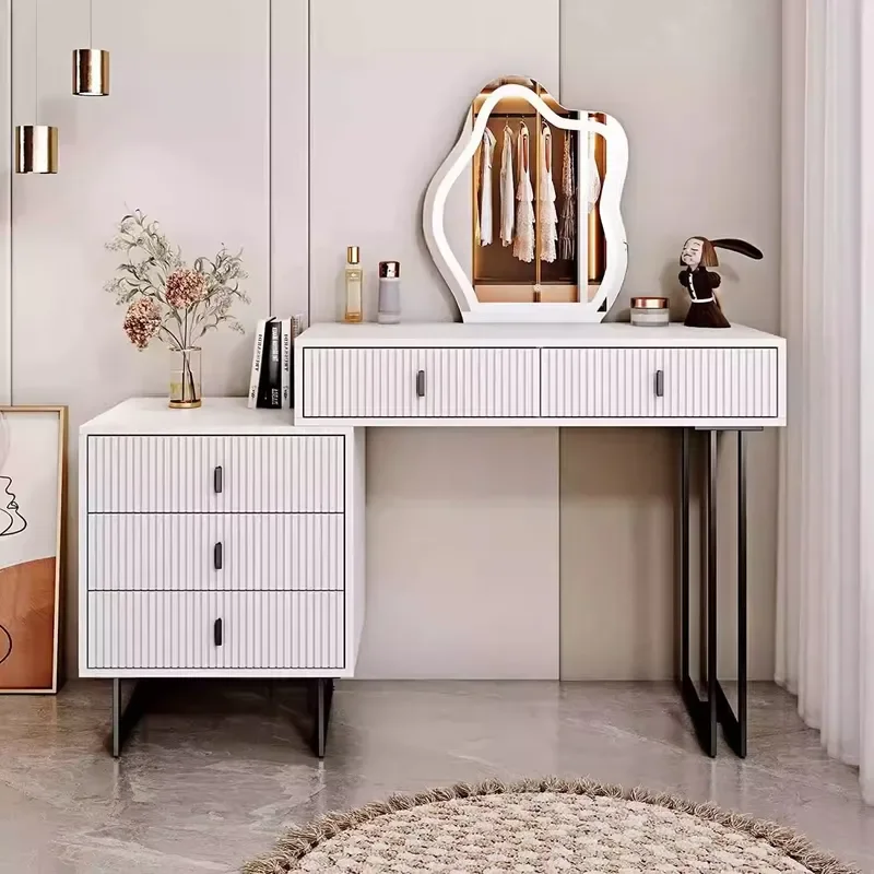 2026 SGJJ Modern White LED Lighted Foldable Makeup Vanity Desk Mirror Table with Stainless Steel Legs for Bedroom Dresser