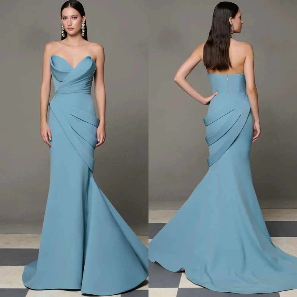 

Customized Elegant Blue Jersey Evening Dress Fashion Strapless Sleeveless Celebrity Gowns Exquisite Special Occasion Gowns