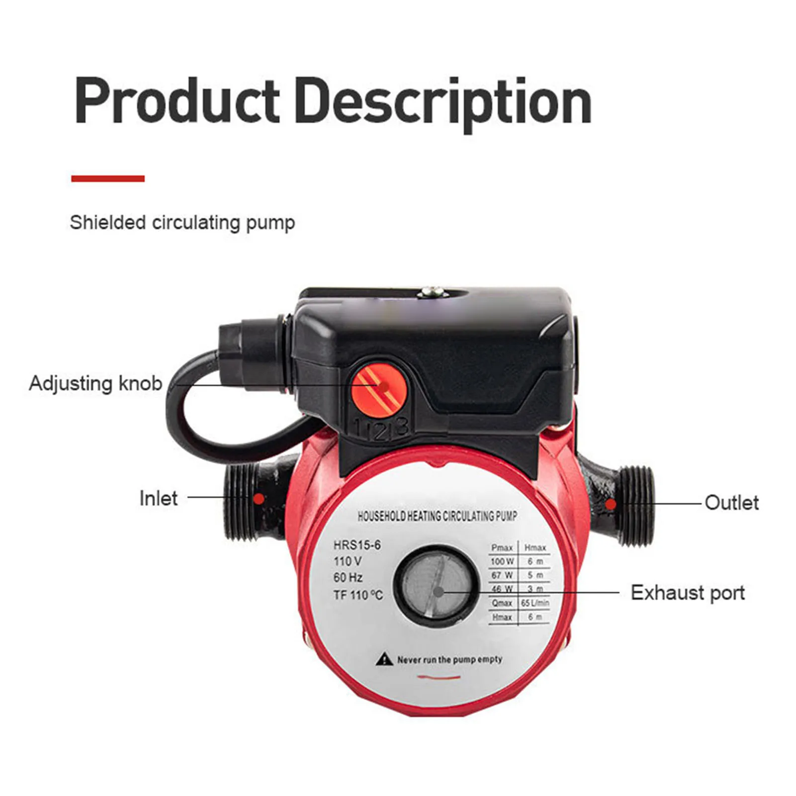 Electric Hot Water Pump 65L/min 46W 67W 100W 3 Speed Shielded Circulation Pump for Heater System NPT 1 In Pipe 3/4 In Joint view 5
