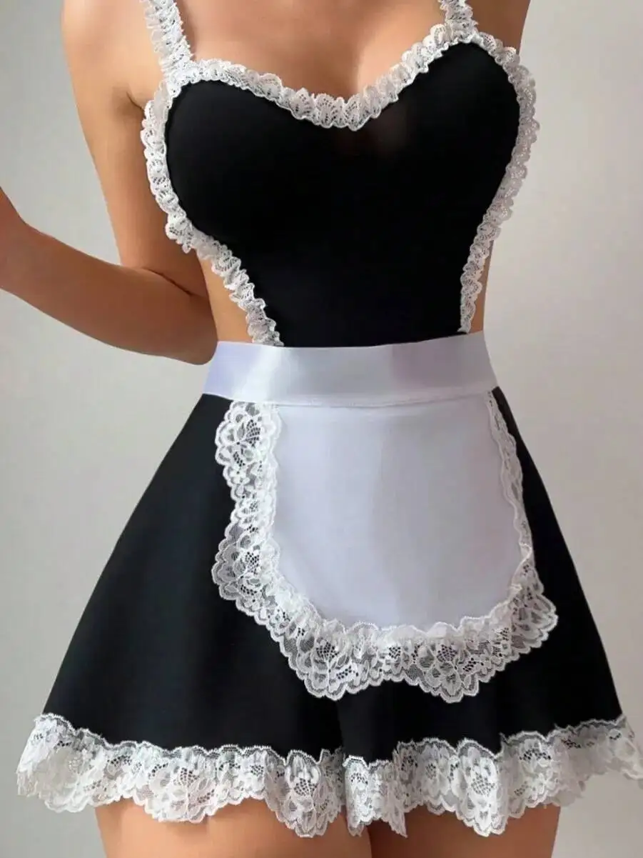 Sexy halter pescoço fenda oco rendas aparadas de volta empregada sem costas profundo v suspensórios vestido sem mangas com avental doce casaul fxi1