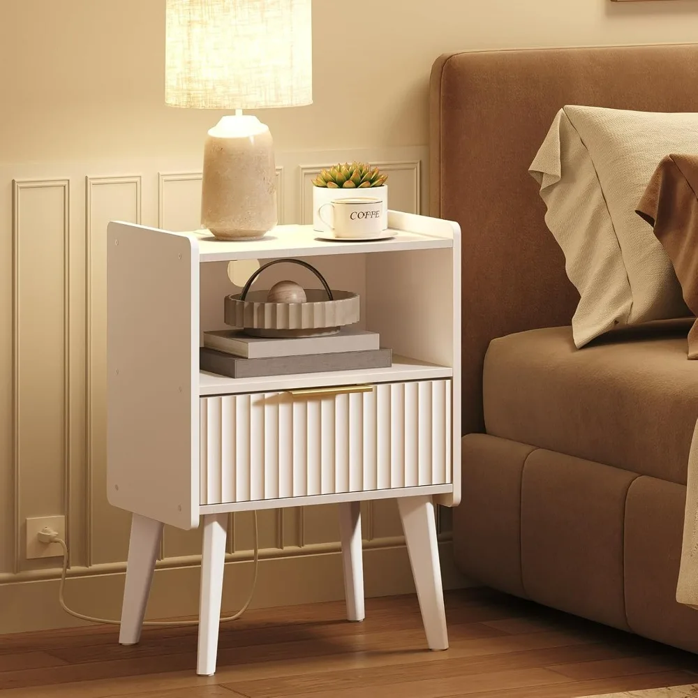 

End Table Living Room Fluted Night Stand,15.9" Modern Side Table with Charging StationBedside Table with Drawer for Small Spaces