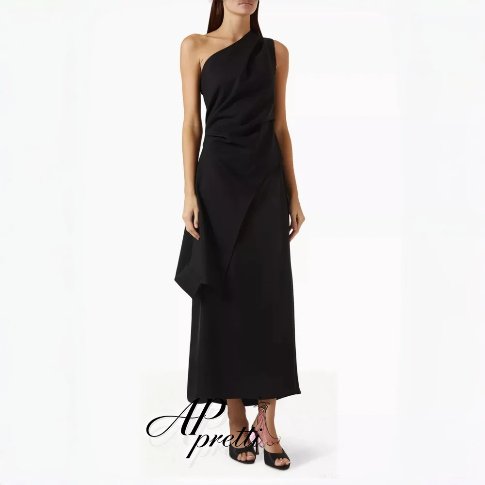 AP pretti Elegant One Shoulder Ruched Black Satin Evening Dress Customized Asymmetric Irregular Hem Ankle Length Prom Party Gown