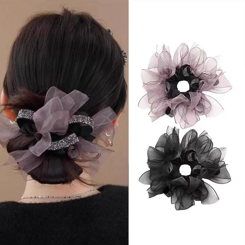 

2pcs/set Elegant Chiffon Bow Rhinestones Elastic Hair Band For Women Lady Sweet Hair Ornament Scrunchie Hair Tie Hair Accessory