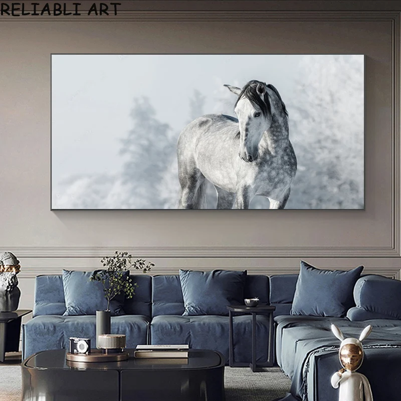 Natural Snow Running Horse Animal Poster and Prints Canvas Painting Wall Art Pictures For Living Room Home Decor No Frame