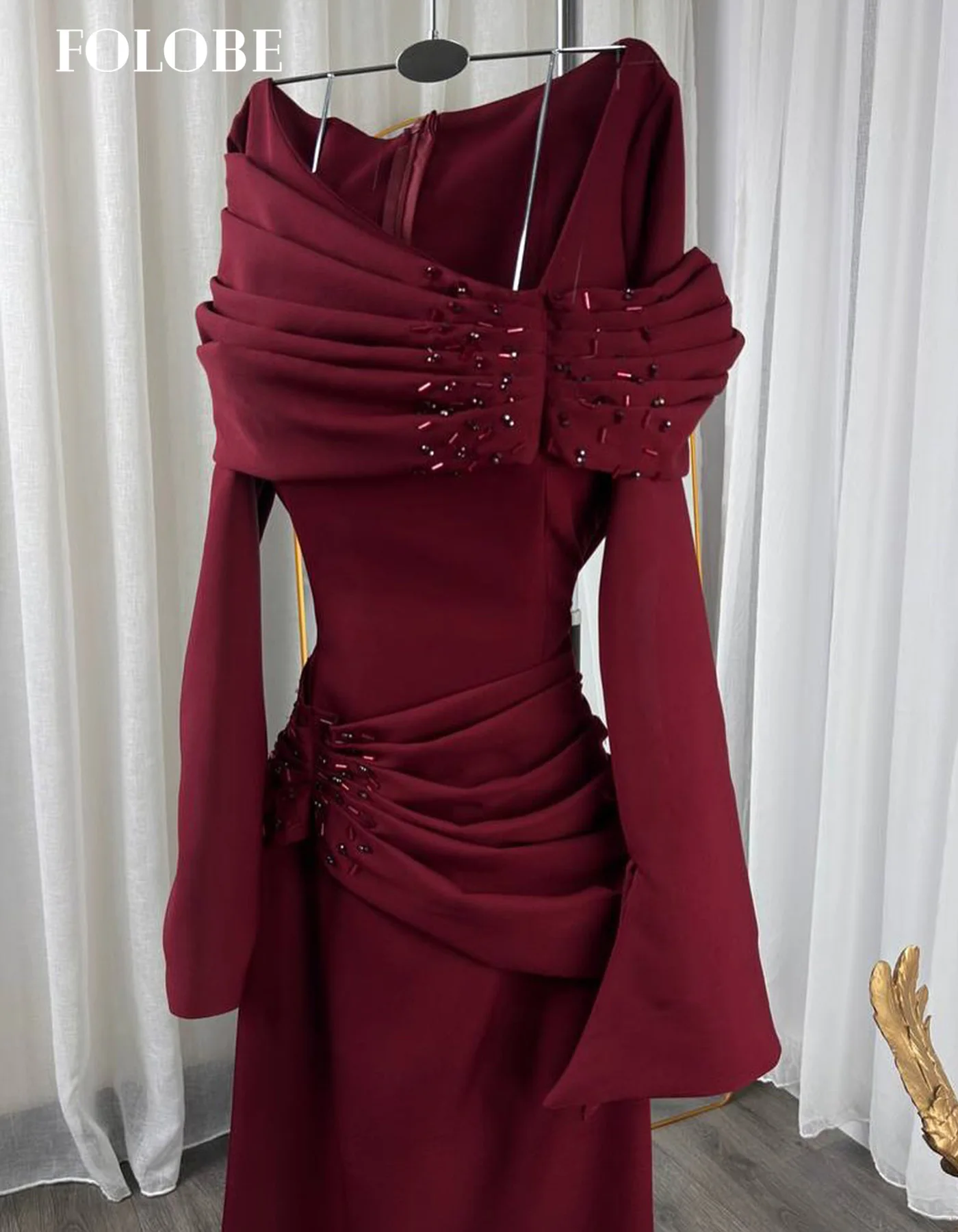 فستان سهرة FOLOBE باللون العنابي بأكمام طويلة مطوي حورية البحر مطرز بالخرز فساتين حفلات أنيقة للنساء فستان زفاف حورية البحر مخصص #4