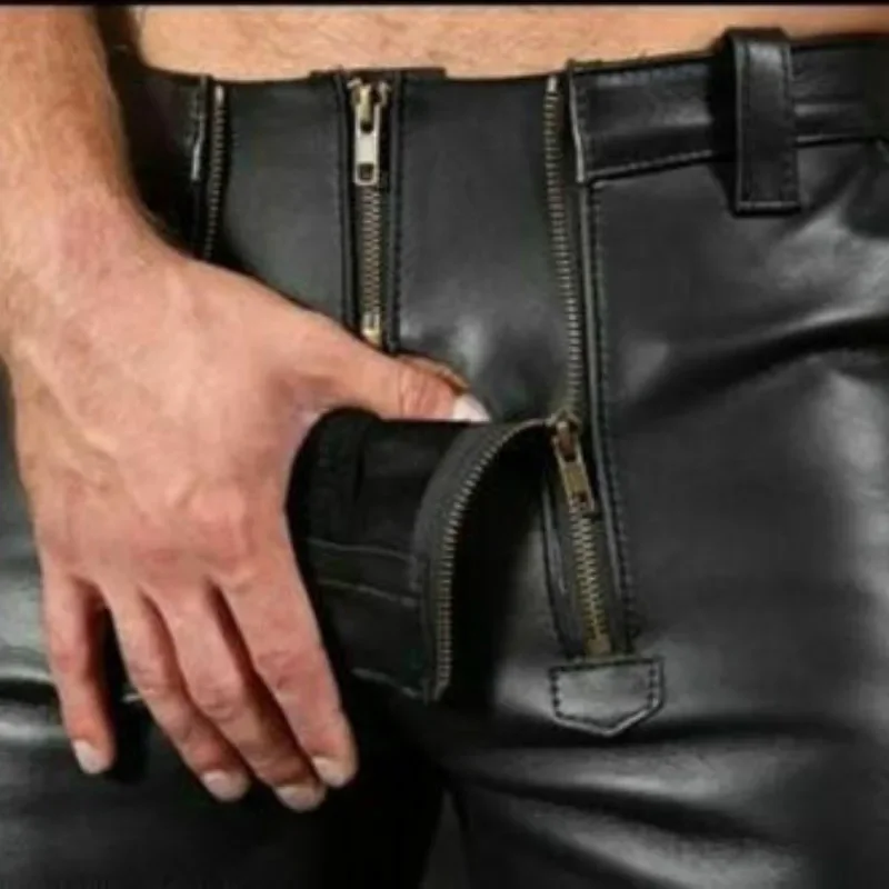 Calça punk masculina de couro PU, bolso grande, zíper duplo, decoração, casual, sexy, monocromática, novo, 2023