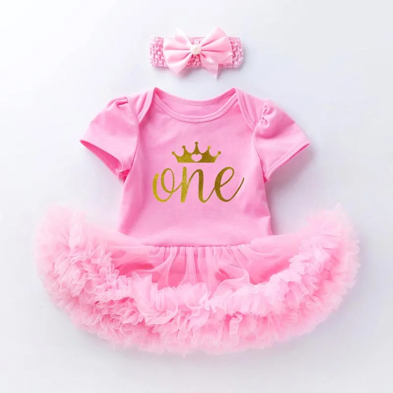 Baby Girls 1st Birthday Princess Dress Outfits Short Sleeve Tulle Patchwork Romper Dress with Bow Headband 2 Pcs Summer Set