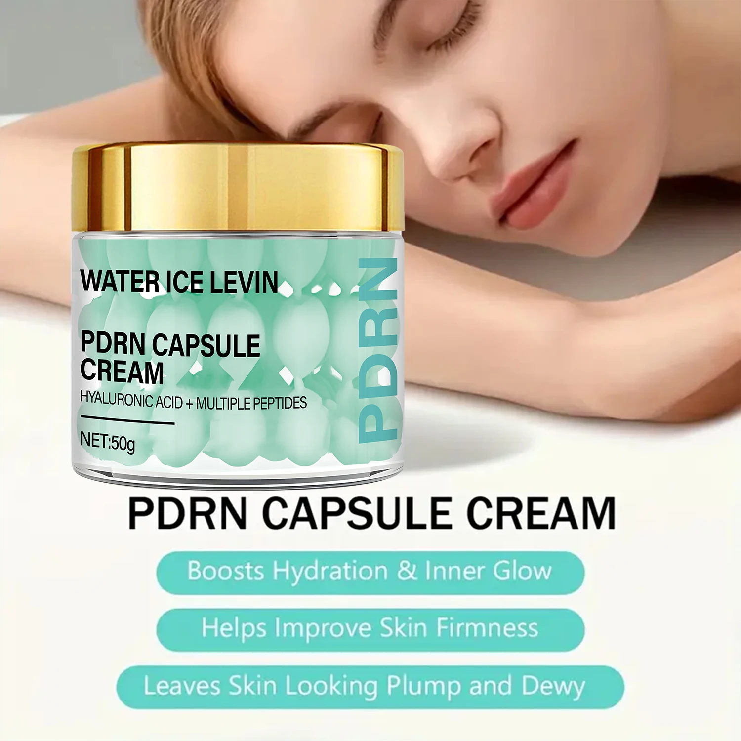 PDRN Triple Collagen Cream. Hyaluronic Acid Peptides. Moisturizes Evens Tone. Enhances Elasticity. Plump Firm Glow. 50g.
