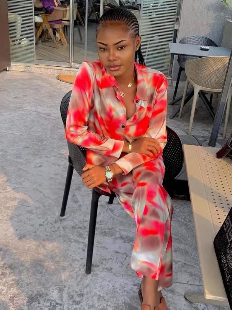 

Sister Star Fashion Long-sleeved Gradient Printing Shirt Fashion Wide-legged Pants Thin Temperament Commuter Two-piece Set