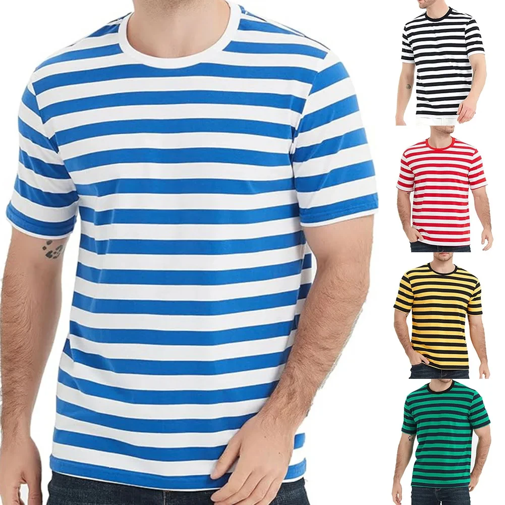 Summer Men's Clothing O-Neck Top T-Shirt Green Holiday Polyester Red Short Sleeve Striped Black Breathable Casual Fashion TShirt