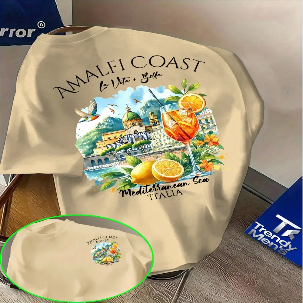 Men's Mediterranean Coast Graphic T-Shirt Vintage Travel Sea View City Building Lemon Drink Floral Print Casual Streetwear