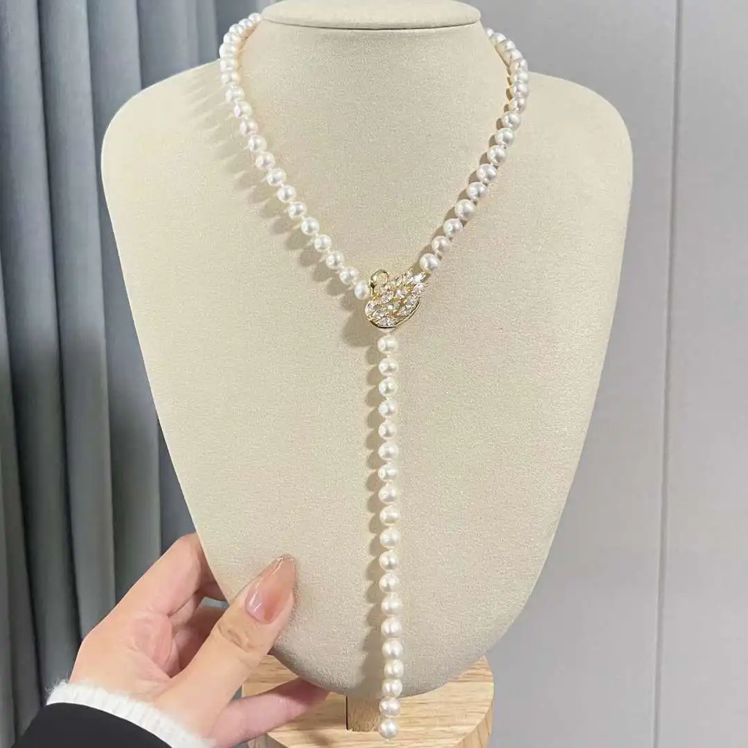 

N 55cm Swan Button Sweater Chain 7-8MM Natural Potato Shaped Freshwater Pearl Necklace Zhuji Pearl Long Chain