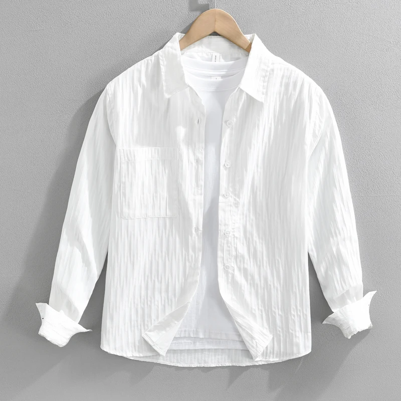 

White Long Sleeve Men's Shirt Fashionable Urban Style Youth Casual Cotton Plain Color Spring Autumn Top Quality Clothing