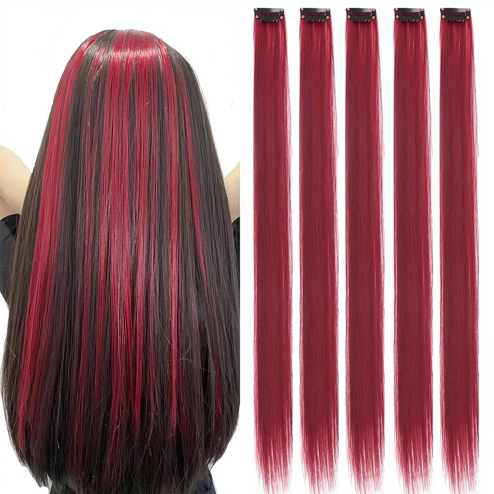 Synthetic Straight Hair Extensions Clip In Highlights Colorful Hairpiece Invisible Seamless Fashion Decor For Girls Party