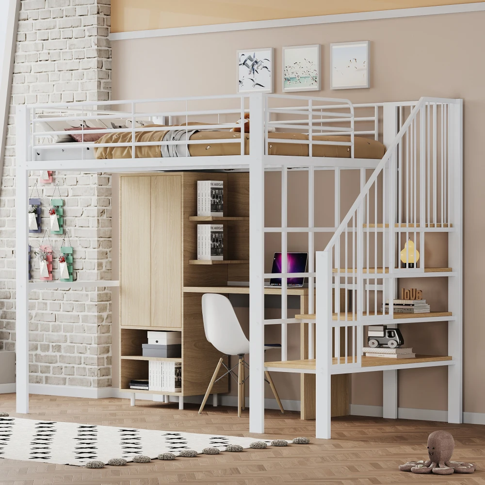 Stabiles Hochbett aus Metall, 90 x 200 cm/140 x 200 cm, mit geräumigem Stauraum unter dem Bett und Treppe für Kinder und Erwachsene, Bettgestelle und -gestelle – Detail 25