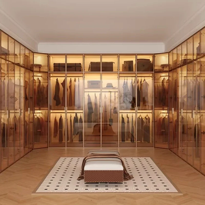 Clothes Closet Armario De Ropa Customized ENF Grade Solid Wood Glass Door Wardrobe Cloakroom Storage Locker Bedroom Furniture