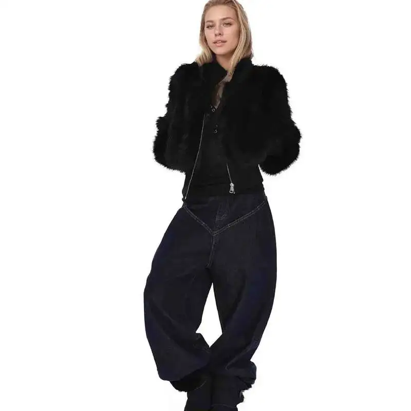 Krótki płaszcz ze sztucznego futra z kołnierzem stójką, zapinany na zamek, wysokiej jakości, na jesień i zimę 2026, dla kobiet.