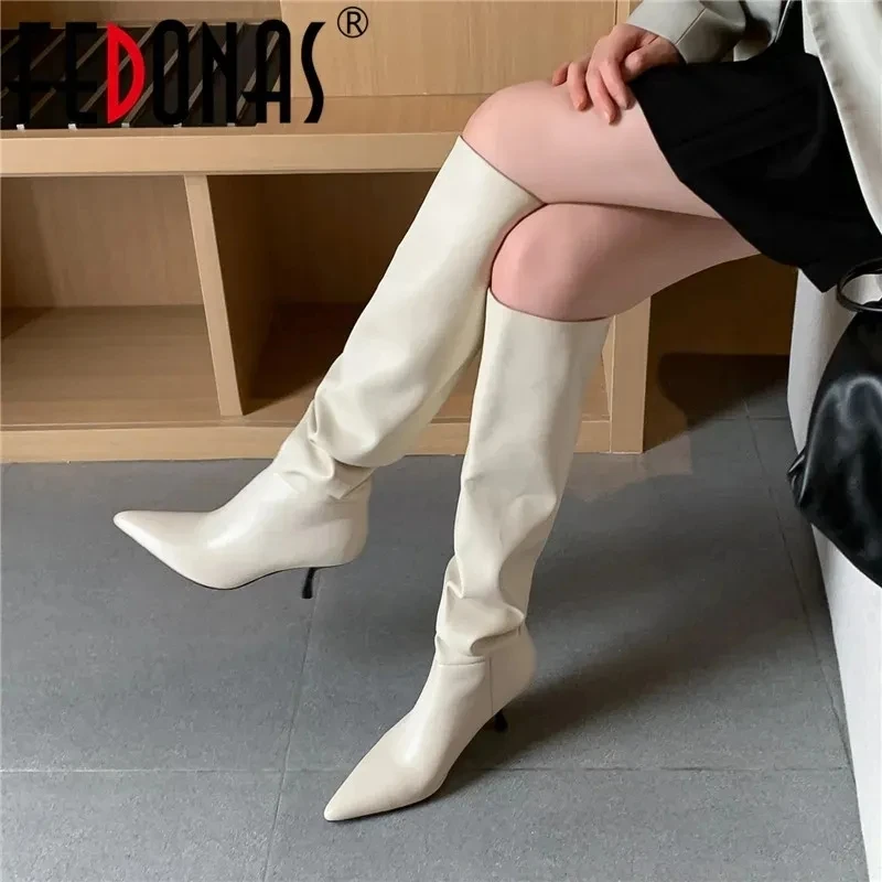 FEDONAS 2025 Top Quality Genuine Leather Knee High Boots Concise Female Pointed Toe High Heels Pumps Party Shoes Woman Long Boot