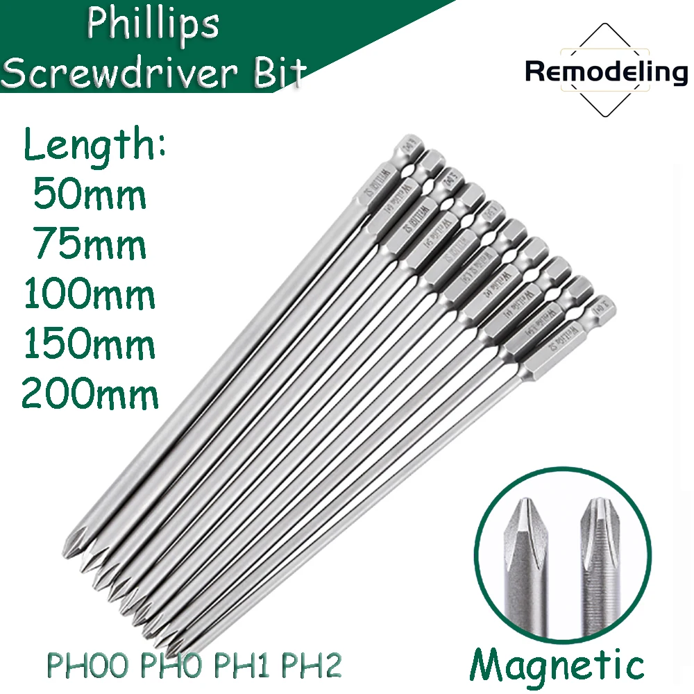 Phillips Screwdriver Bit PH00~PH2 Magnetic 50/75/100/150/200mm Length 1/4 in. Hex Shank S2 Steel Electric Batch Head Repair