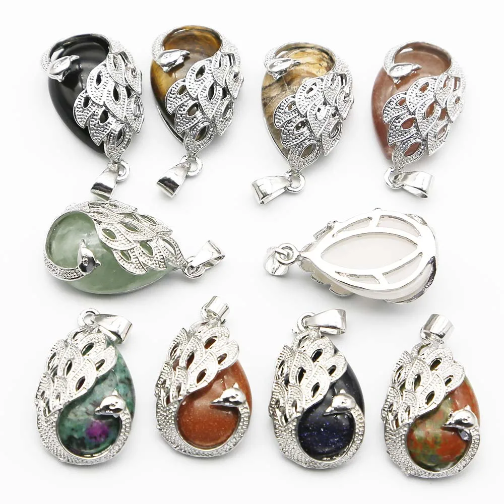 Natural Stone Crystal Agate Alloy Peacock Imitation Silver Pendant Multicolor Necklace Charm Jewelry Accessories Wholesale 12Pcs