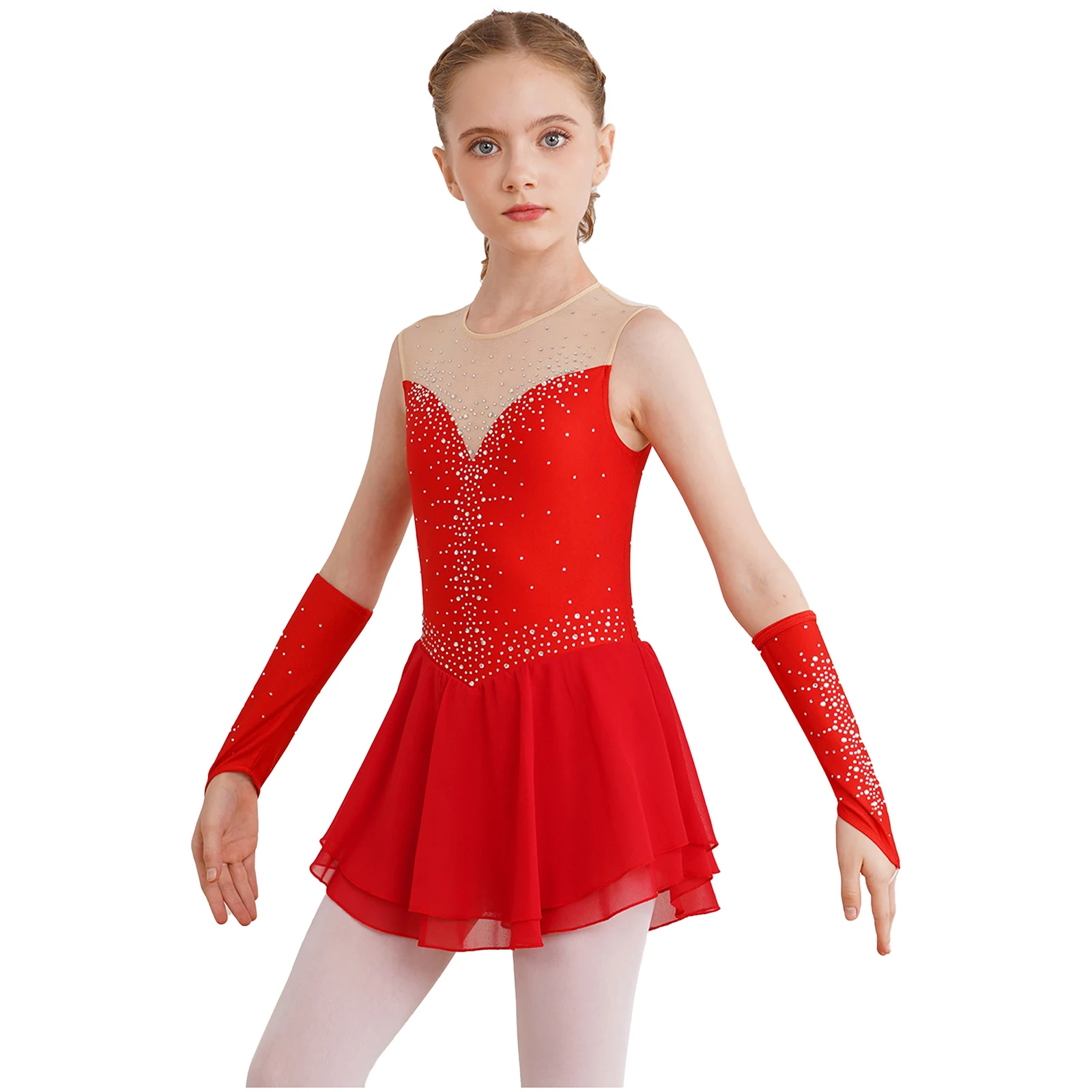 Kids Girls Figure Skating Dress with Gloves Shiny Rhinestones Ballet Tutu Dress Gymnastics Outfits Performance Dance Costumes