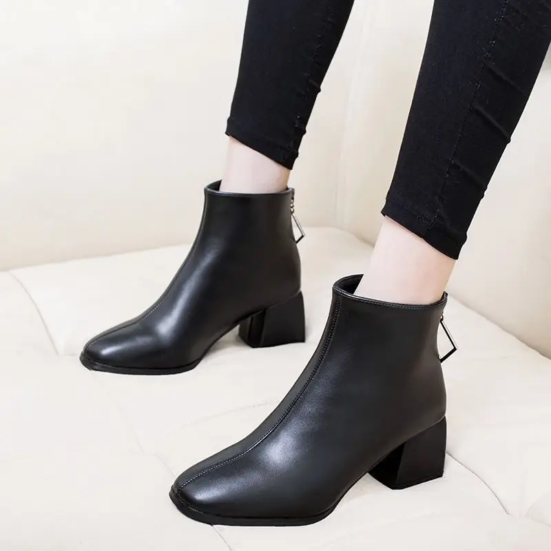 Elegant with Medium Heels Warm Woman Short Shoes Waterproof Leather Ankle Boots for Women Autumn Winter Y2k Booties on Promotion