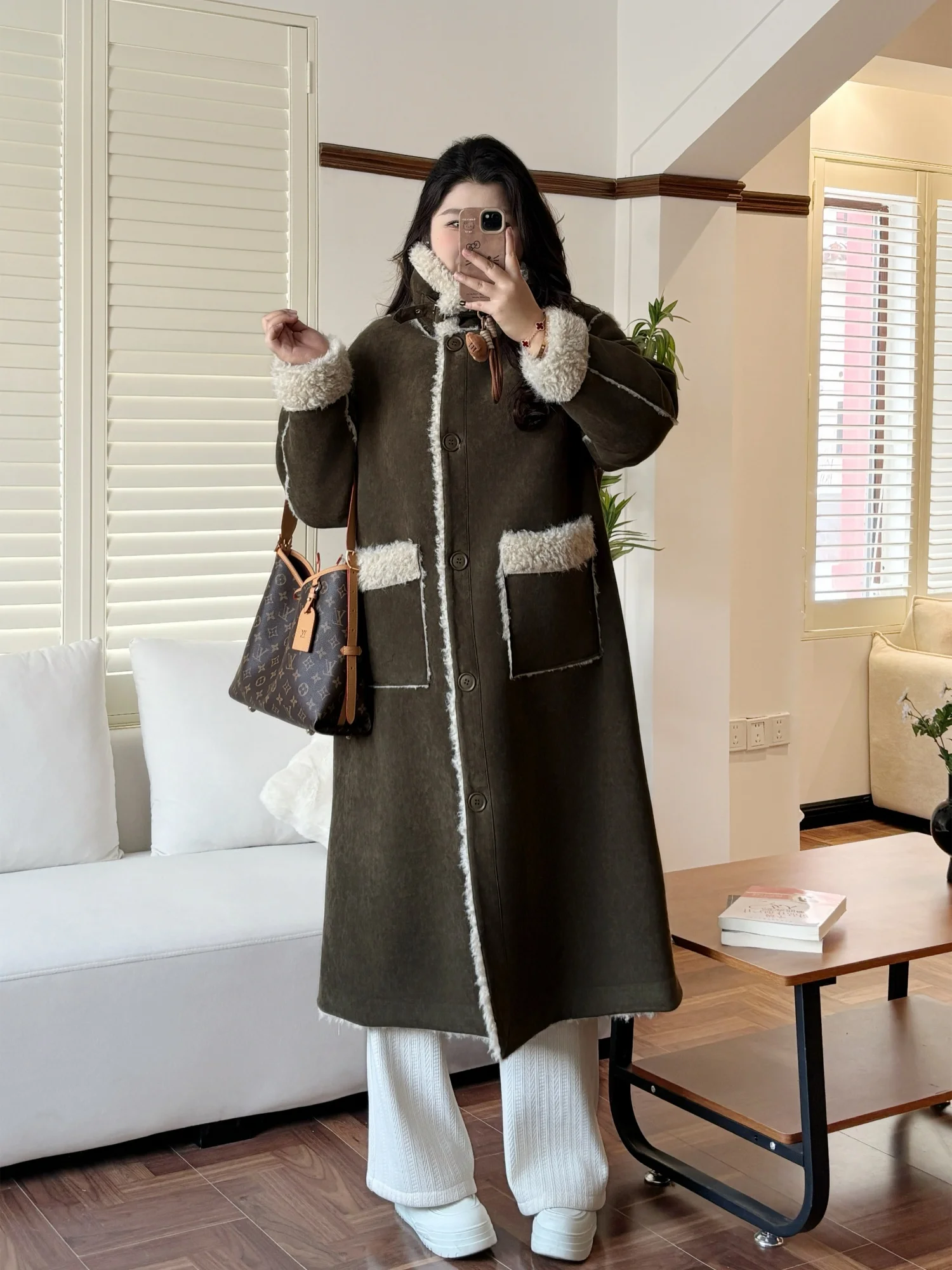 

Trendy Oversized Long Fleece Lined Jacket Winter New Style Stand Collar Casual Fashionable Top for plus Size Women