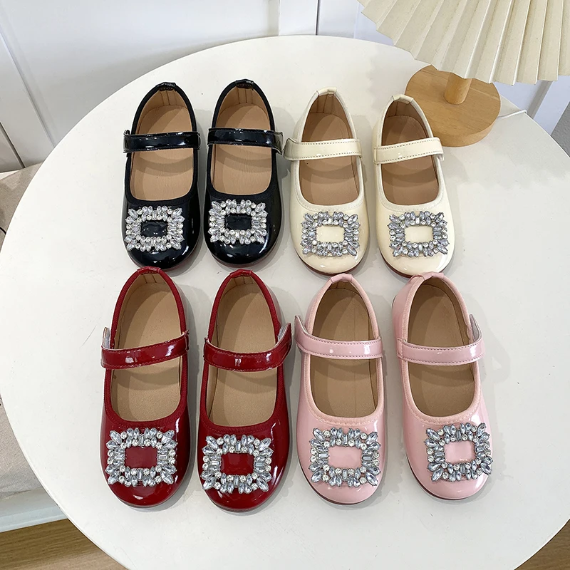 Spring Girls Patent Leather Mary Jane Shoes Rhinestone Square Buckle Kids Princess Flats Party Comfy Children Dress Shoes 27-36