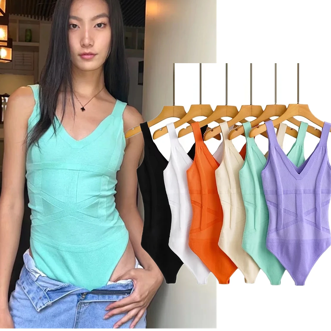 

Dave&Di Summer Ins Fashion Blogger High Street Retro Knitted Jacquard Sexy Tank Tops Sleeveless Tshirts Bodysuits Women