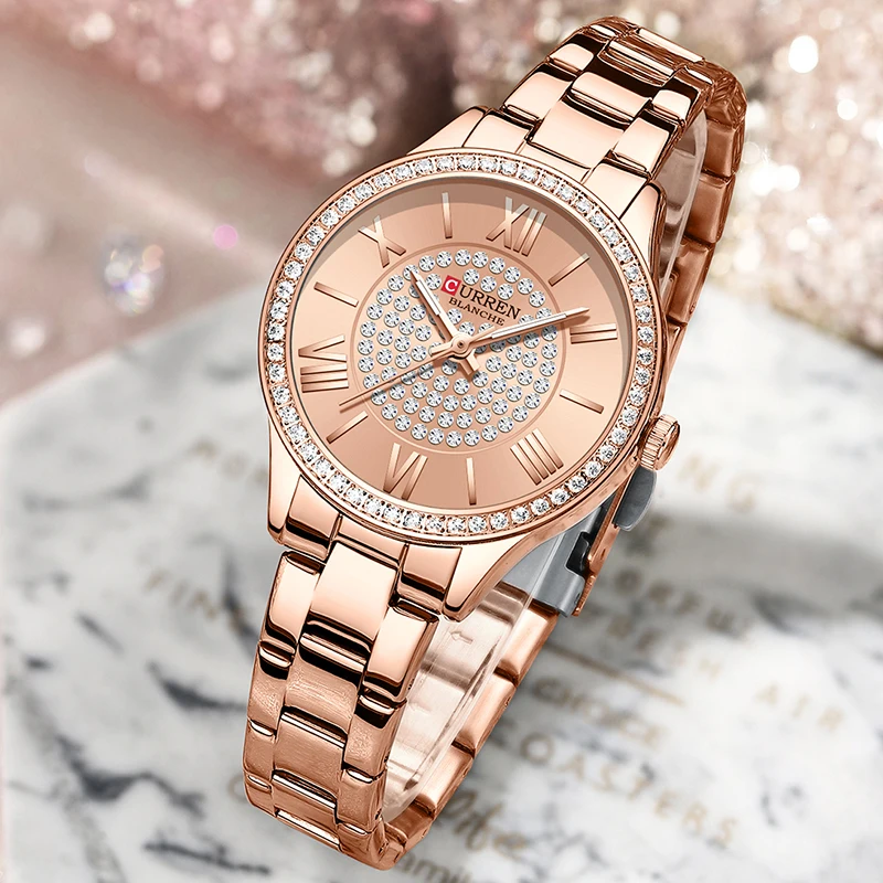 Curren luxo feminino rosa ouro relógio moda senhoras quartzo à prova dwristwatch água relógio de pulso elegante feminino pulseira relógios reloj mujer