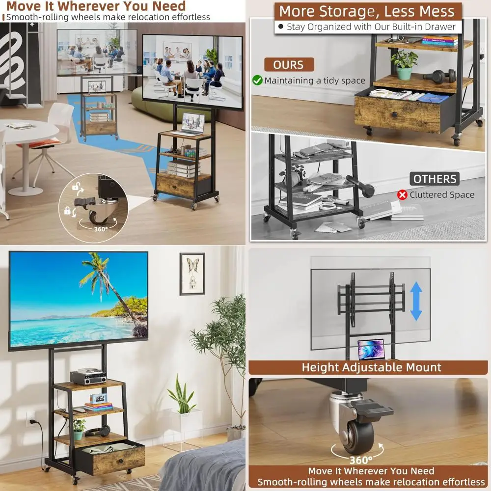 32-75 TV Stand with Wheels, Fabric Drawer, and Power Outlet - Entertainment Center for Home