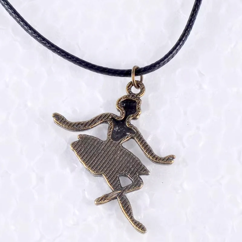 Vintage Antique Bronze Ballet Dancer Ballerina Pendant Necklace For Women Wax Cord Rope Necklace Girl Jewelry Ethnic Jewellery