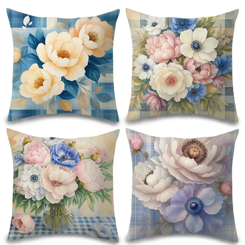 Set of Four Floral Pattern Throw Pillow Covers - Elegant Bouquet Designs for Living Room Decor