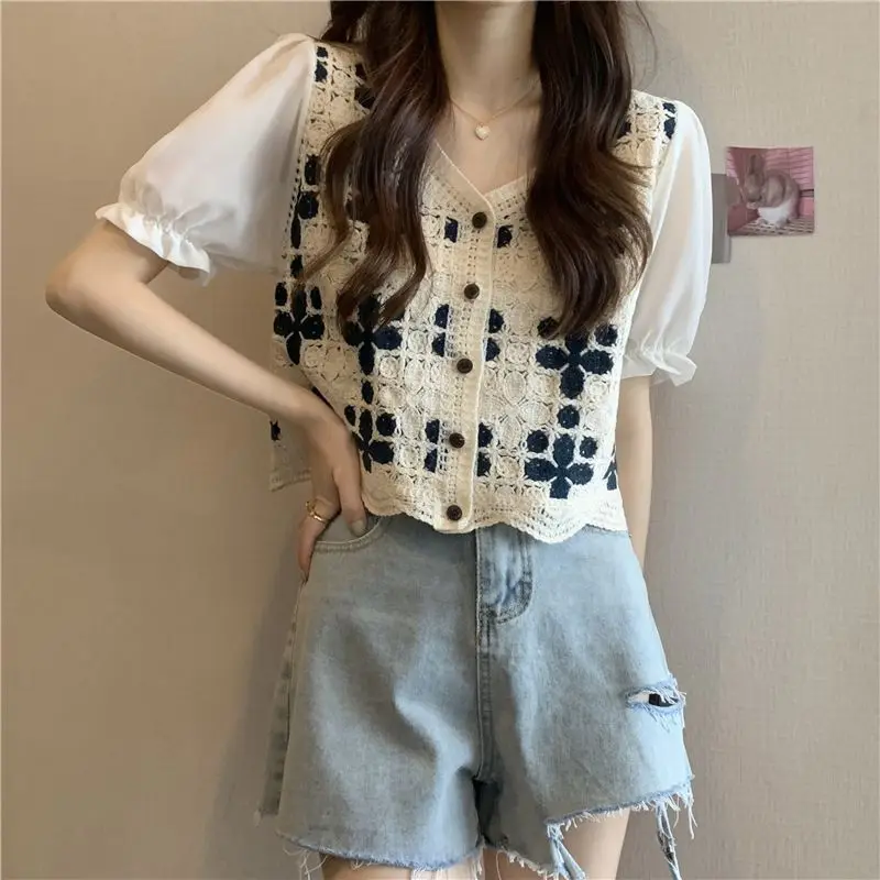 Women Crochet Knit Top with Chiffon Half Sleeve V-Neck Button Down Embroidery Floral Blouse Cardigan Spring Summer Fairycore