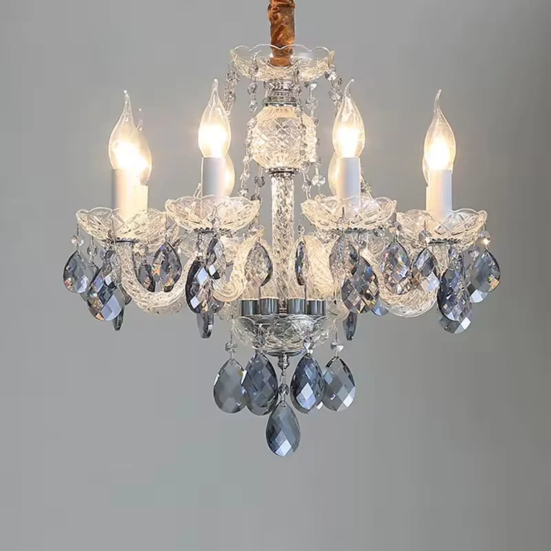 Golden American Metal Candle Ice Blue Crystal Chandelier, Pendant Lamp for Living Room Bedroom Restaurant Hotel