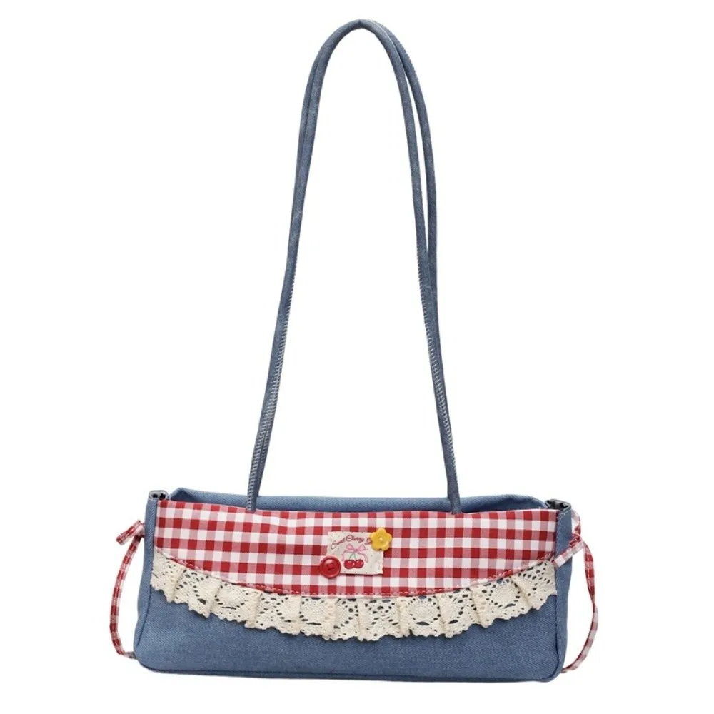 

Sweet French Stick Handbag Denim Blue Black Plaid Bow Shoulder Bag Contrast Color Large Capacity Cloth Underarm Bags School
