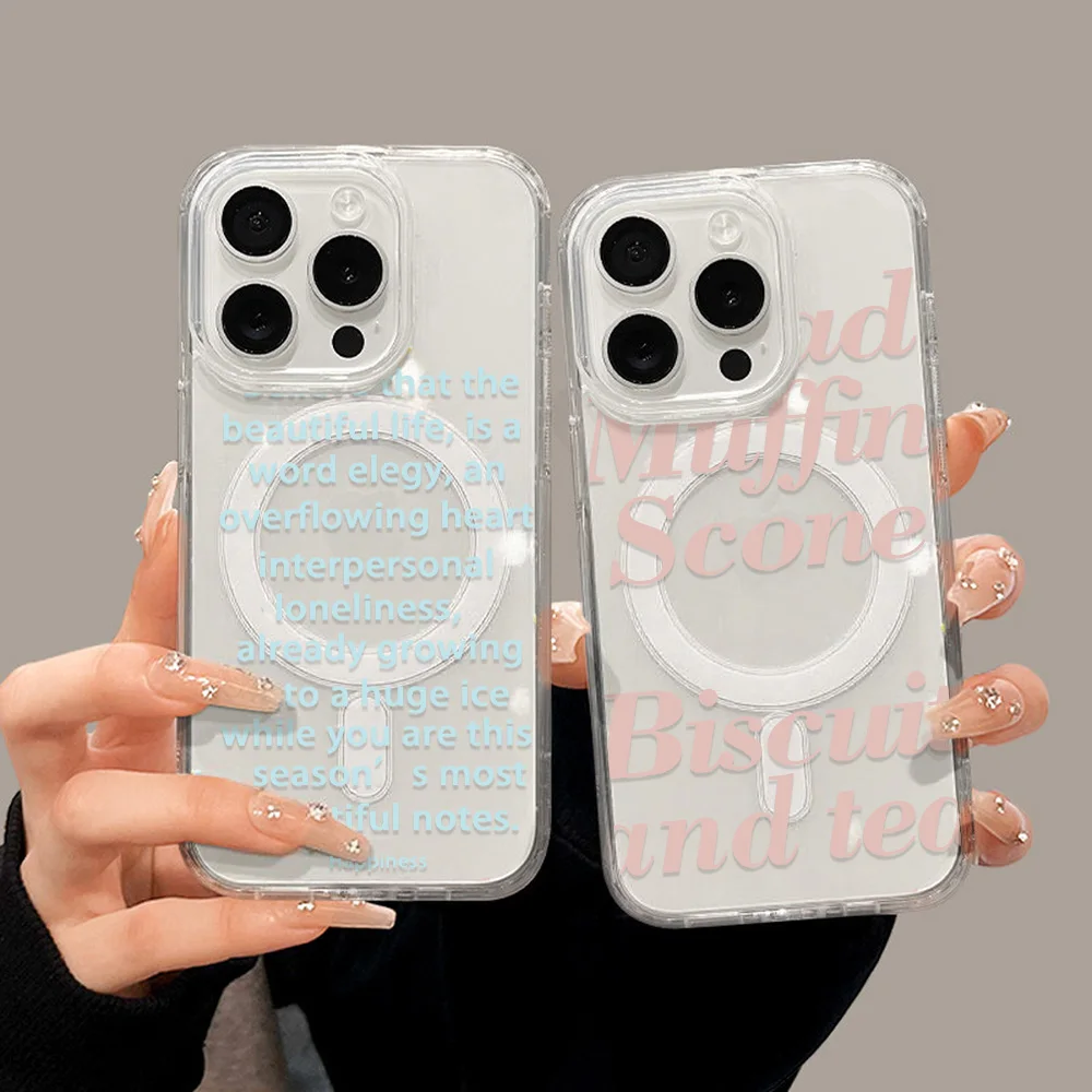 

For Magsafe Wireless Charge Clear Phone Case For iPhone 16 17 14 13 11 12 15 Pro Max Air Fashion English Letter Magnetic Cover