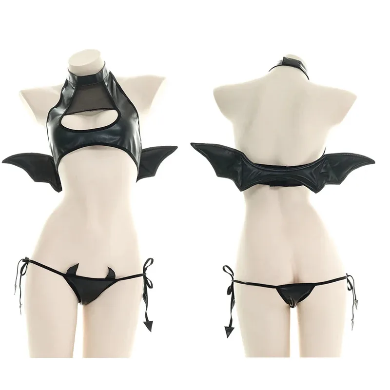 

Japanese Womens Devil Cosplay Costumes Sexy Hollow Out Tank with Wings Punk Lolita Anime Bikini Set Wholesale Anime Lingerie