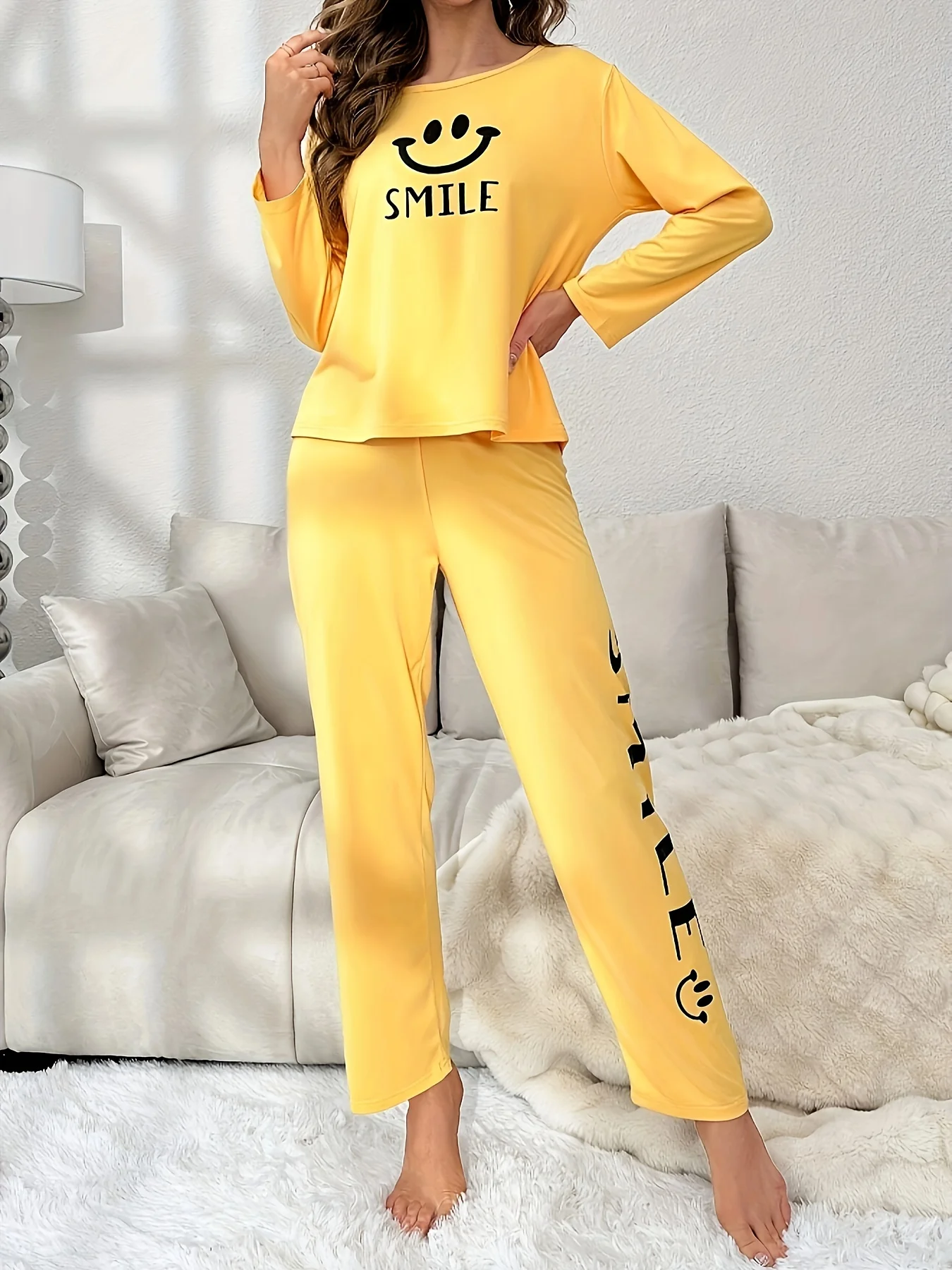 

2-Piece Spring Sleepwear Set, Casual and Cute, with Smiling Face Print, Long-Sleeved and Long-Pants Set for Women