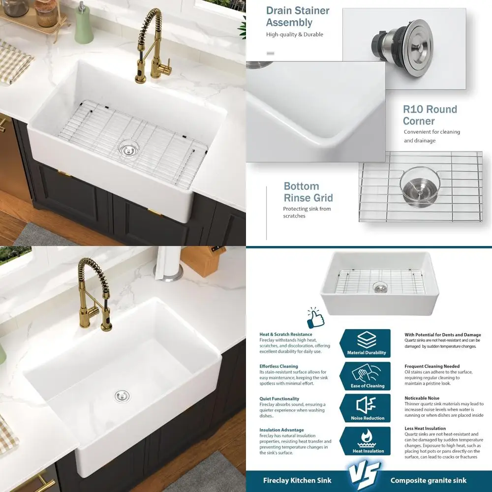 

33 Inch White Porcelain Ceramic Farmhouse Sink with Large Apron Front Design for Country Kitchen Style