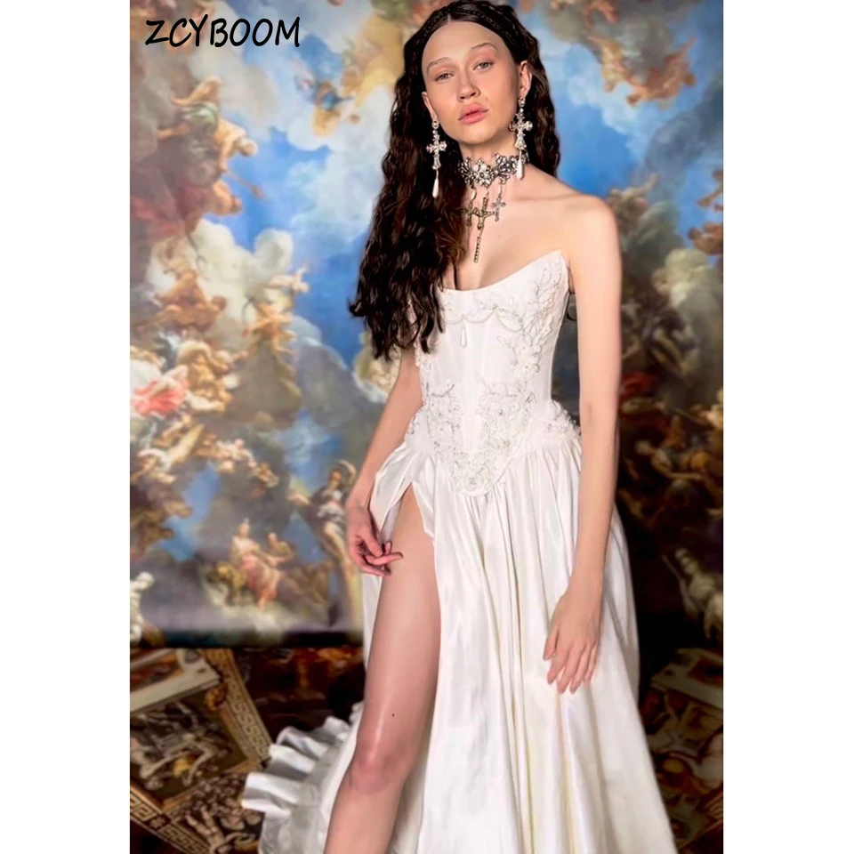 Encantador vestido de noite sem alças branco, vestido de casamento personalizado, Side Slit Stain Zipper, A-Line, sem mangas, até o chão, 2023