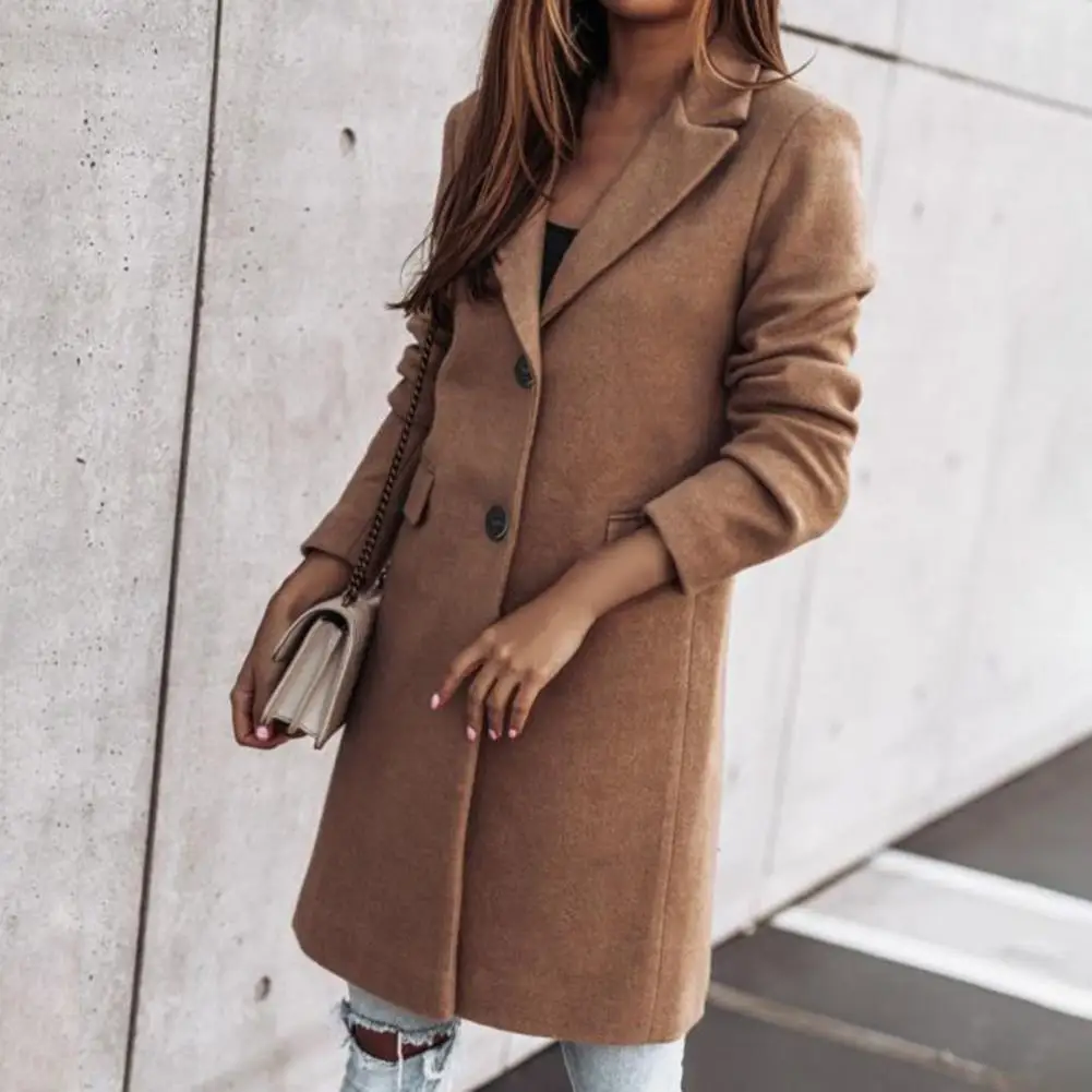 Long Sleeve Two Buttons Women Coat Autumn Winter Flap Pockets Lapel Long Warm Woolen Coat Ladies Clothing