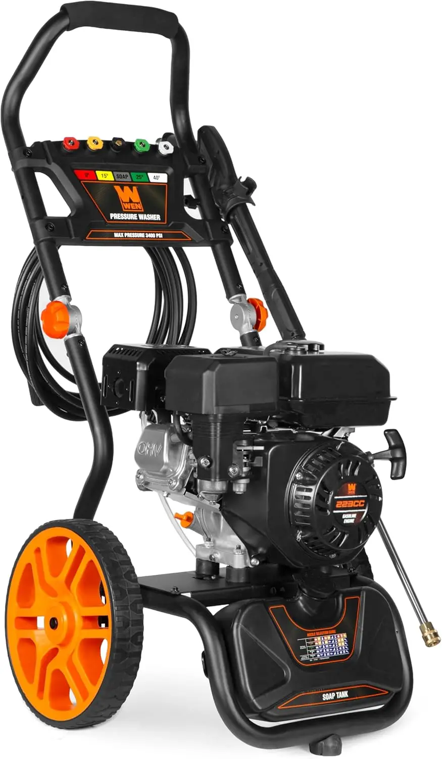 

Газовая мойка высокого давления 3400 фунтов на квадратный дюйм с двигателем 223 куб.см, частотой расхода 2,7 галлона в минуту и встроенным баком для мыла (PW224G)