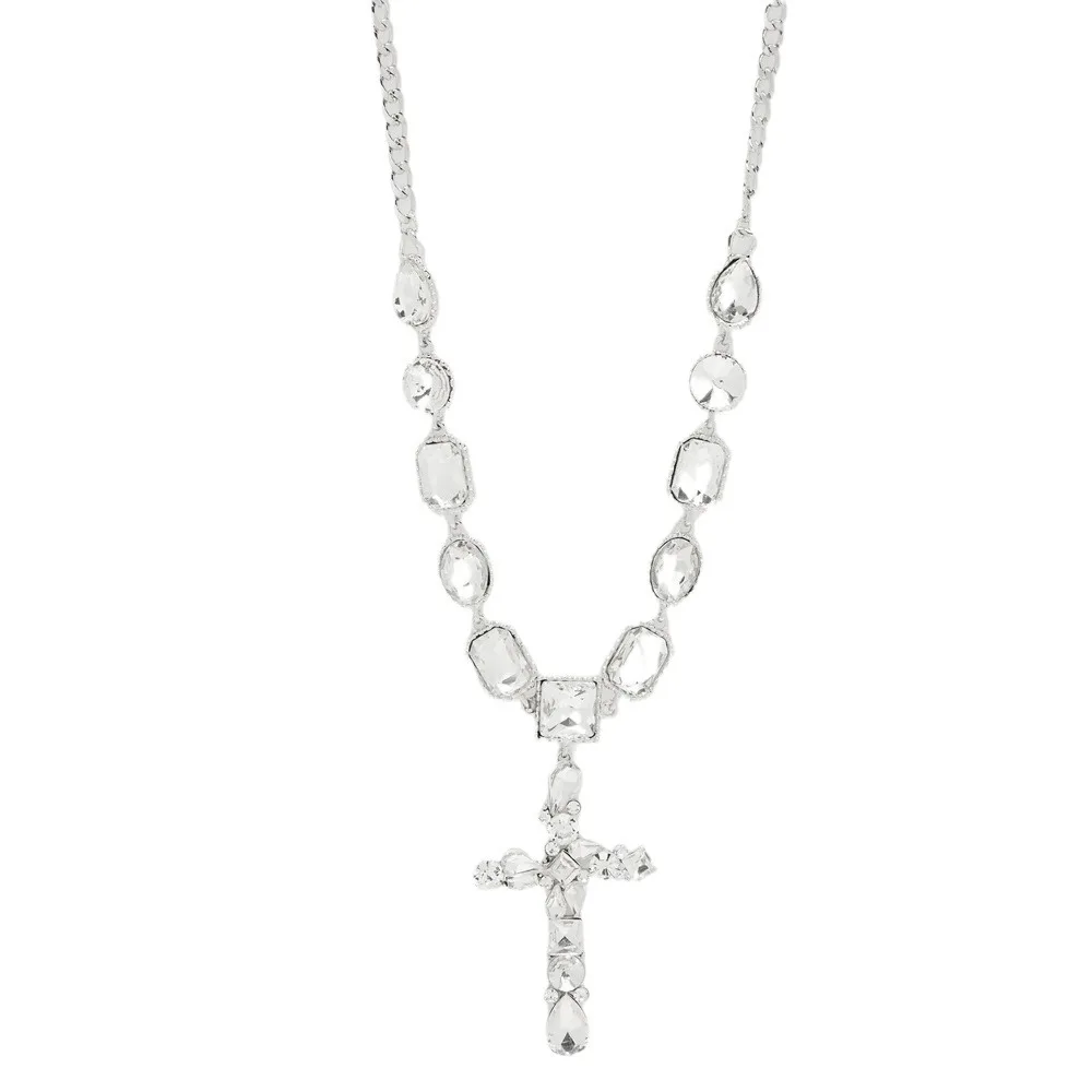 XSBODY Fashion Baroque Cross Pendant Choker Necklace Clavicle Decoration Shiny Y2k Pendant Rhinestone Collar Chain Neck Jewelry