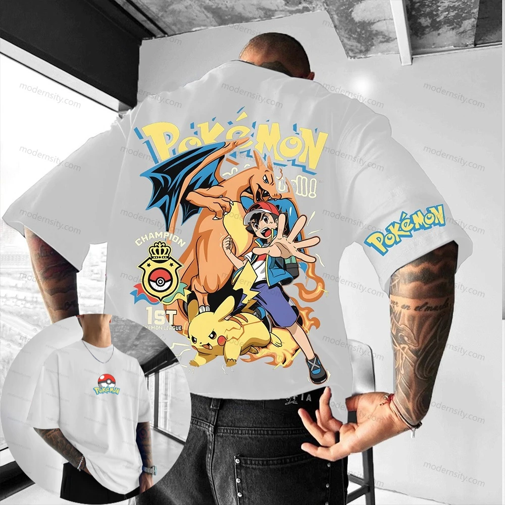 Camiseta para hombre, camiseta deportiva para hombre, Anime Pokemon Trainer Ash Ketchum Charizard Pikachu, dibujos animados, poses dinámicas, fondo blanco