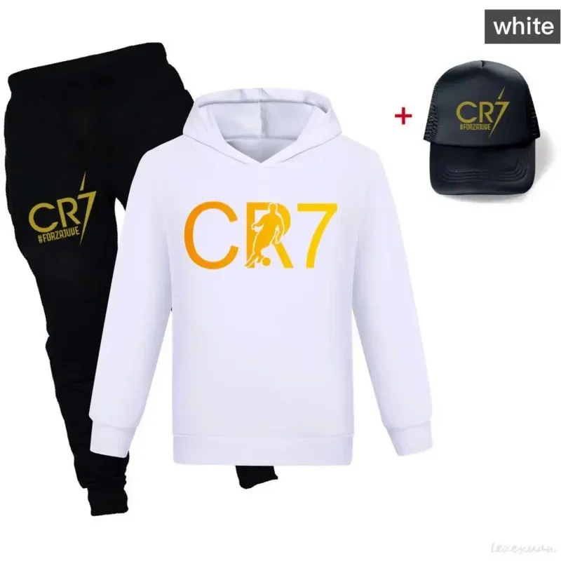 

2024 New CR7 Autumn Children Clothing Sets Birthday Suit Boys Tracksuits Kids Sport Suits Girls Hoodies Tops Pants Cap 3Pcs MN13