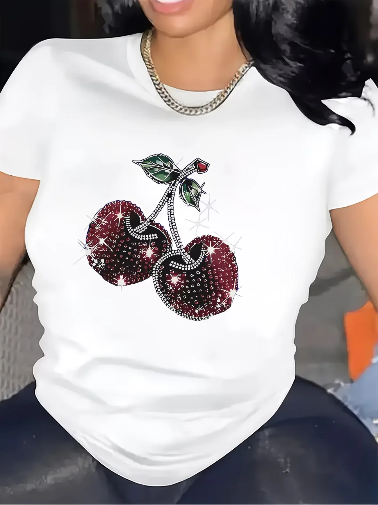 Short Sleeve T-Shirt with Sparkling Cherry DesignRound Neck Short Slee Top Tee  for Casual Dining and Everyday Use