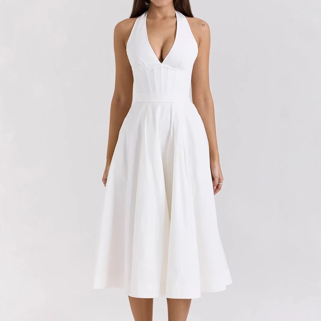 

Sexy neck white dress simple waist backless fish bone dress fashion temperament elegant versatile high-end vacation style party