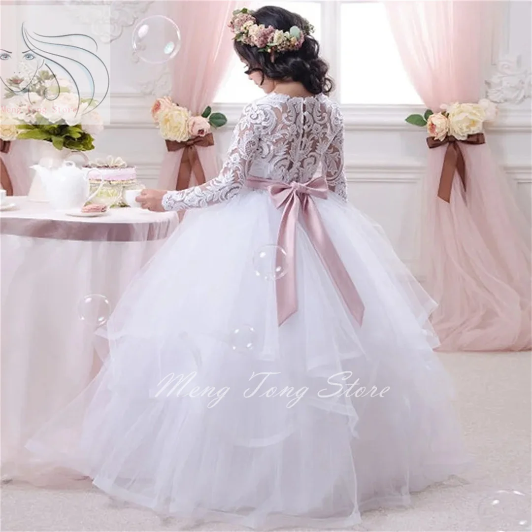 Flower Girl Dresses White Tulle Puffy Tiered Appliques With Pink Bow Long Sleeve For Wedding Birthday Party First Communion Gown