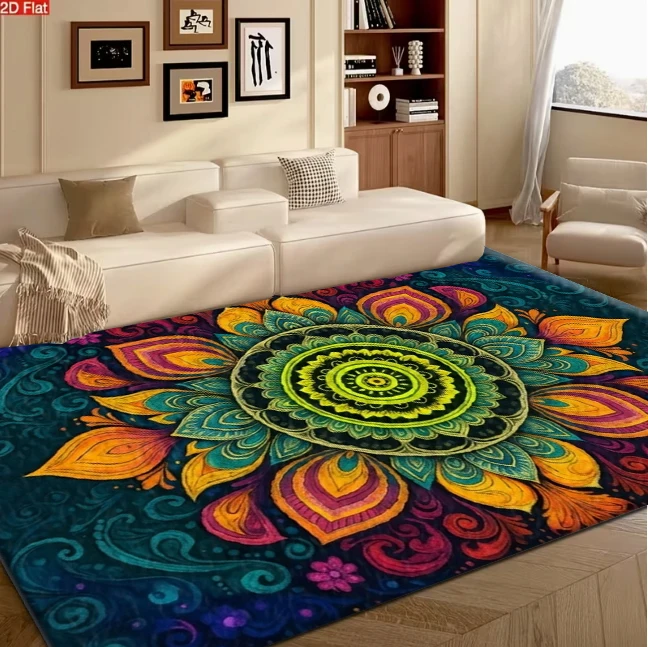 Boho Colorful Mandala Floral Area Rug Vibrant Psychedelic Non‑Slip Carpet Floor Mat for Living Room Bedroom Home Decor
